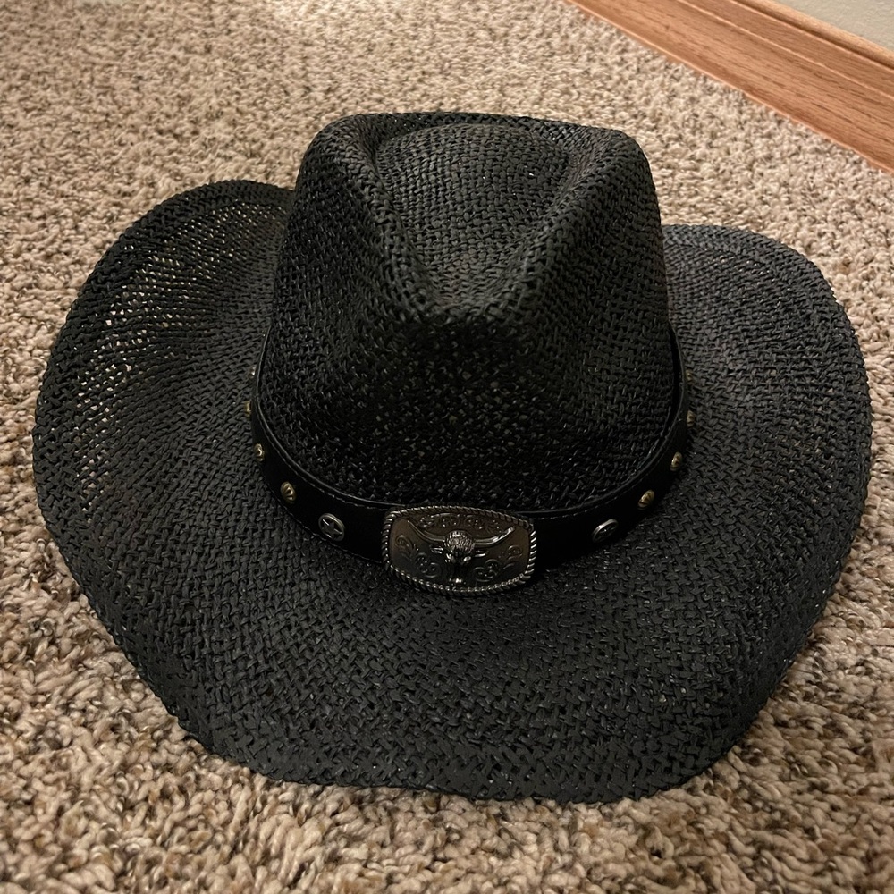 NEW Black Straw Cowboy Hat with Silver Bull Head Detail